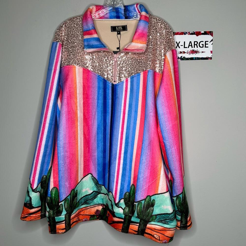L&B XL Plus pullover serape cactus mountain sequin